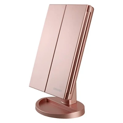 Image of deweisn Lighted Vanity Makeup Mirror with 3X/2X/1X Magnification, 21 LED Lights and Touch Screen Dimmable Mirror, Two power Supply Mode Tabletop mirror,Travel Cosmetic Mirror(Rose Gold)