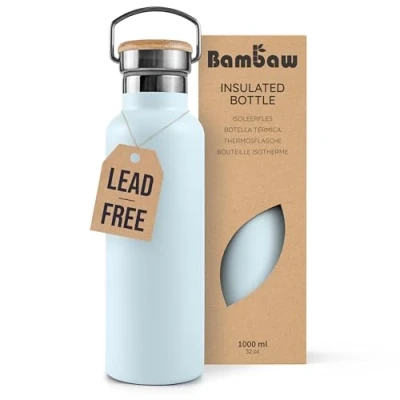 Image of Bambaw Insulated Water Bottle 1l, Light Blue Bottle, Stainless Steel Leakproof Bottles, Metal Thermos Ice