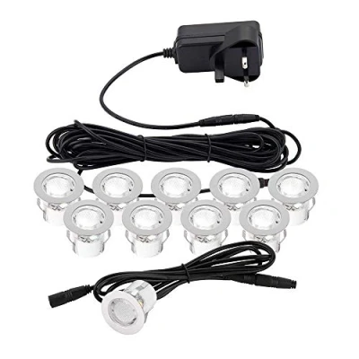Image of KIOS II Pack of 10 White 30mm LED Round Garden Decking/Kitchen Plinth Lights Kit IP44 Rated