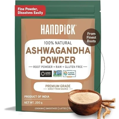 Image of HANDPICK,Ashwagandha Root Powder (200g/7oz) Withania Somnifera Finest Grade A Non GMO, Vegan &amp; Raw from India Packed in Resealable Zip Lock Pouch