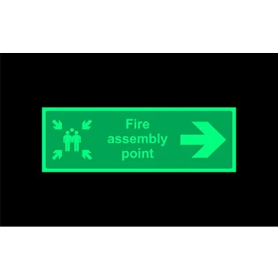 Image of Fire assembly point directional right arrow Safety sign 1.2mm Photoluminescent glow in the dark rigid plastic with self adhesive backing 300mm x 100mm