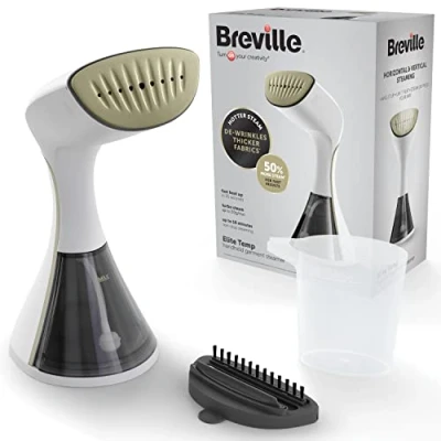Image of Breville EliteTEMP Handheld Garment Steamer Horizontal &amp; Vertical Clothes for Home Travel 1500W Fast Heat Up White Gold