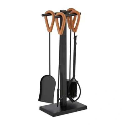 Image of Relaxdays 5 piece Fireplace Tool Set, Poker, Ash Shovel, Broom, Tongs &amp; Stand, Leather Handles, 62 x 25 16 cm, Black, Iron, Aluminium, Jute