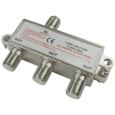 Image of Ex Pro 3 Way F Type Coax Screw Connector Splitter, 1 input to output, for Digital TV Virgin Freeview Cable Sky Satellite