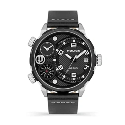 Image of Police Ray Mens Multifunction Watch with Black Dial and Leather Strap, 51mm Stainless Steel Case in Branded Box PEWJB2195341 2 Year Warranty