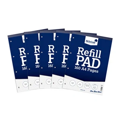 Image of Silvine 160 Page A4 Refill Pad, Head Bound and Punched 4 Holes, White, Ruled 5mm Squares [Pack of 5]