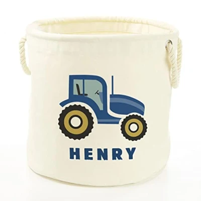 Image of Stickerscape Personalised Blue Tractor Storage Trug (Natural Small) Children&#039;s Basket, Toy Storage, Laundry Basket 100% Cotton Canvas Kid&#039;s Bedroom Decor, Nursery Decor