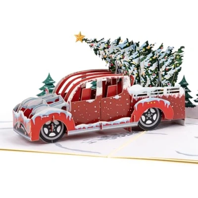 Image of LIMAH® Pop Up 3D Christmas Card with a Car and Tree Suitable for Voucher or Money Gift Woman Man Truck