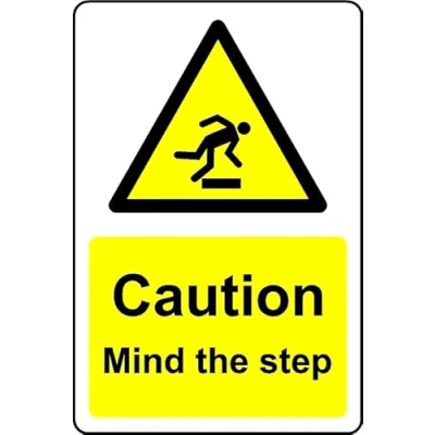 Image of Caution Mind The Step Safety Sign Self Adhesive Sticker (200mm x 150mm)
