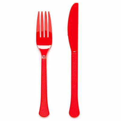 Image of Amscan 9915411 203 Fiesta Red Eco Friendly Re usable Dishwasher Safe Mixed Cutlery 24 Pack