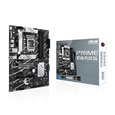 Image of ASUS Prime B760 PLUS D4, an Intel LGA 1700 ATX motherboard with PCIe 5.0, three 4.0 M.2 slots, DDR4, Realtek 2.5Gb Ethernet, DisplayPort, VGA, HDMI, SATA 6 Gbps, USB 3.2 Gen 2x2 Type C