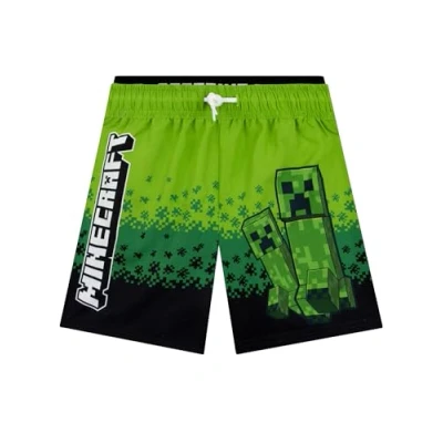 Image of Minecraft Swim Shorts, Creeper Boys Swimming Trunks, Gaming Kids Swimwear, Green 12 13 Years