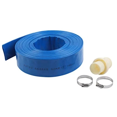 Image of KATSU Layflat Discharge Hose Pipe 20m x 50mm 2 Inch Diameter with Clips and Quick Coupler Connector, Fits Submersible &amp; other Water Pumps for Draining Pond, Garden Irrigation, Hot Tub, Swimming Pool