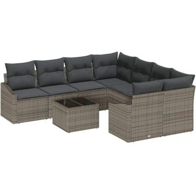 Image of vidaXL 9 Piece Garden Dining Set with Cushions Grey Poly Rattan