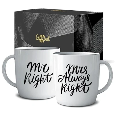 Image of Triple Gifffted Mr Right Mrs Always Coffee Mugs Gifts Ideas for Couples, Wedding Anniversary, Engagement, Christmas, His &amp; Hers, Bride and Groom, Parents, Newlyweds Bridal Shower, Ceramic 380ml