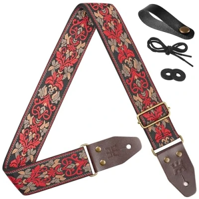 Image of Amumu Red Spades Heart Embroidery Guitar Strap Vintage Style with Top Grain Leather Ends &amp; Pick Pocket Fits Bass, Electric, Acoustic Guitars