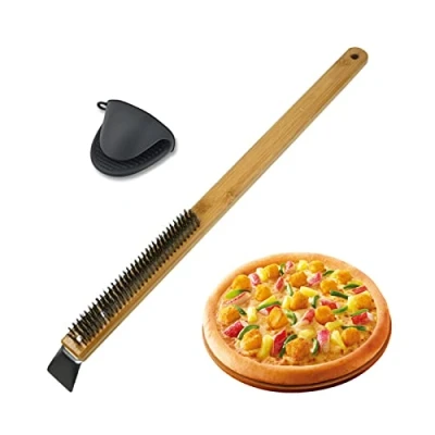 Image of pizza oven brush Stainless Wire stone cleaning with scraper barbecue Grill Tool Wood handle long
