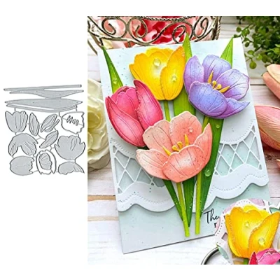 Image of Tulip Flower Set Metal Die Cuts,Spring Leaf Card Cutting Dies Cut Stencils for DIY Scrapbooking Album Decorative Embossing Paper Making