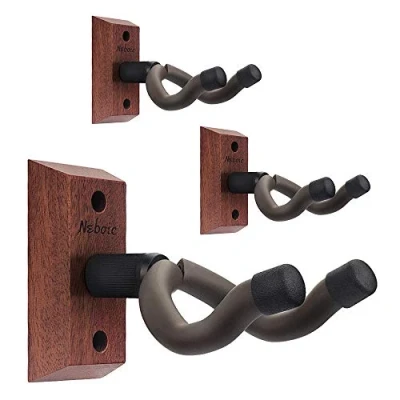 Image of Neboic 3 Pack of Guitar Hanger, Wall Mount Display Bracket with Soft Padded Holder, Hard Wood Base Hooks for All Bass Electric Acoustic Ukulele Black Walnut