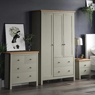 Image of Vida Designs Arlington 3 Piece Bedroom Sets, Bedside cabinet, Chest of Drawer &amp; Wardrobe (Grey Oak, 2D Nightstand, 4D Door Wardrobe)