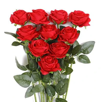 Image of JUSTOYOU 10 PCS Red Rose Artificial,Silk Flowers Realistic Bouquet,Single Long Stem Fake Roses for Home Table Office Party Wedding Garden Arrangements(10 PCS，Red)
