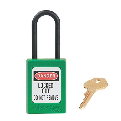 Image of Master Lock S32GRN Green Dielectric Zenex thermoplastic Safety Padlock, 35mm Wide with 38mm Tall Nylon Shackle, Non retaining, keyed Different, 10.2 cm x 9.9 9.5