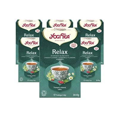 Image of Yogi Tea, Relax, Organic Herbal Naturally Caffeine Free, Blend of Linden Flowers, Chamomile Flowers and Rosehips, 6 Packs x 17 Tea Bags (102 Teabags Total)