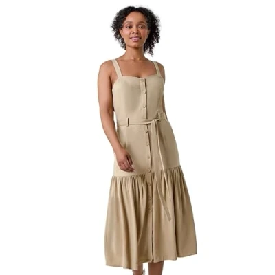 Image of Roman Petite Womens Button Front Tiered Midi Dress Beige Size 18 UK