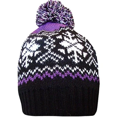 Image of TeddyT&#039;s Ladies Fairisle Chunky Knit Thermal Fleece Lined Insulated Winter Bobble Hat (Purple)