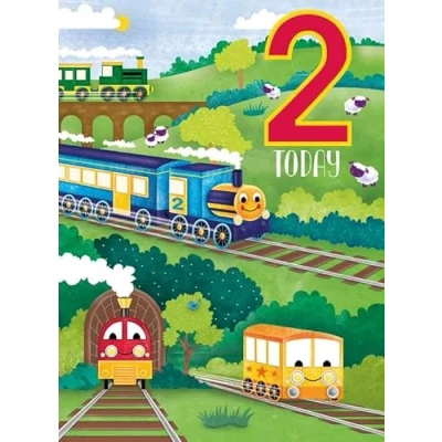 Image of Noel Tatt Children&#039;s Milestone Age 2 Birthday Card for Boys Steam Trains and Sheep with Gold Embossed Foil Eco Friendly &amp; Recyclable
