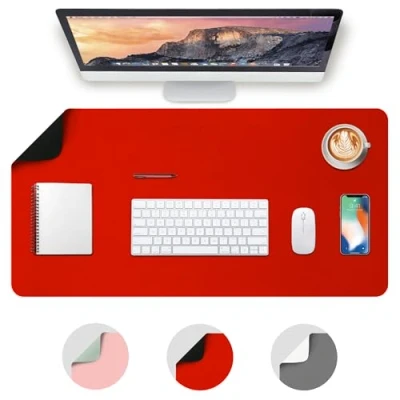 Image of Deflecto Reversible Double Sided Faux Leather Desk Pad Mat, Protector,Mouse Pad,Office,Non Slip,Waterproof Writing (80cm x 40cm, Black and Red)