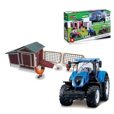 Image of Bburago B18 31681 FARMLAND PLAYSET Chicken COOP with Die Cast New Holland Tractor Vehicle, Multiple