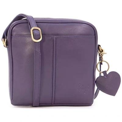 Image of Gigi Ladies Small Leather Crossbody Bag Handbag With Long Adjustable Shoulder Strap Heart Keyring Charm OTHELLO 22 29 Purple