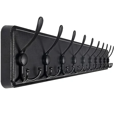Image of SKOLOO Coat Rack Wall Mounted 38.3&#039;&#039; Long, Wooden, Heavy Duty, Rustic Hooks for Wall, 16&#039;&#039; Hole to Hole, with 10 Triple Hanging Clothes, Jacket, Hat(Black)