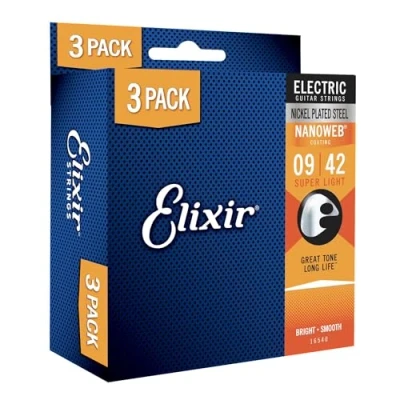 Image of Elixir Strings Nickel Plated Steel Electric Guitar with NANOWEB Coating 3 Pack, Super Light 9 42