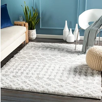 Image of Livabliss Dubai Shaggy Rug Modern Berber Living Room 160x220 cm, Soft Rugs for Bedroom Neutral Boho Fluffy Rug, Easy Care Plush Thick Pile Large White and Light Grey