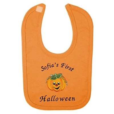 Image of Baby 1st Happy Pumpkin Face Personalised Applique Halloween Bib. (Orange)