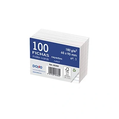 Image of dohe 30360 Pack of 100 Sheets White Card Stock Rayadas, 180 g, No. 1, 65 x 95 mm