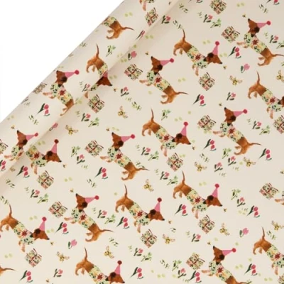 Image of Glick Roll Wrap, Birthday Sausage Dog Floral, Wrapping Paper 4 metres x 70 cms, Suitable for Birthdays &amp; Other Celebrations