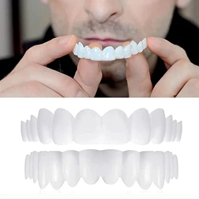 Image of Flipped Warmth 2 Pairs False Teeth Veneers Top And Bottom Clip in Fake White Dentures Smile Temporary Whitening Cosmetic for Women Men
