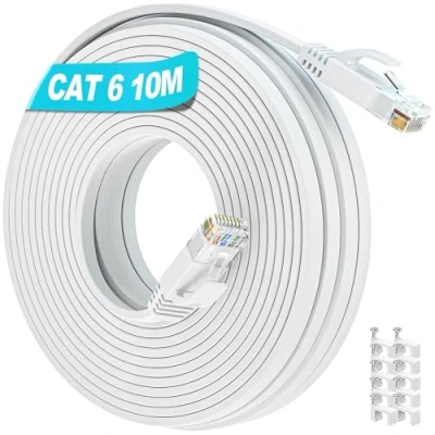 Image of Cat 6 Ethernet Cable 10m, High Speed Internet Outdoor 10m RJ45 Flat LAN Gigabit 1000Mbps Network White Patch Extra Long Wifi Slim Wlan for Router