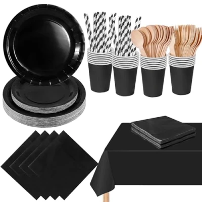 Image of PYAILI 169 Pcs Black Party Tableware Set, Paper Plates Cups Napkins Tablecloth, Dinnerware Set for Kids Adult Birthday,Wedding,Baby Shower