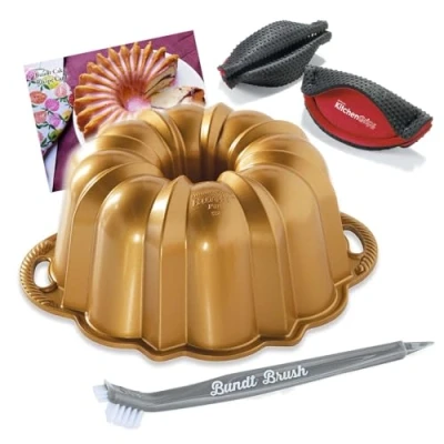 Image of Nordic Ware Original 12 Cup Anniversary Gold Bundt Pan With 3 in 1 Cleaning Tool + Recipe Card and Kitchen Grips Heat Resistant Pot Handle Holder