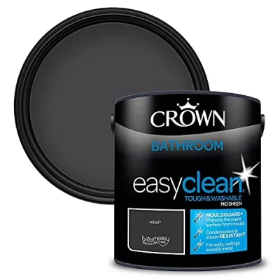 Image of 2.5L CROWN Easyclean Bathroom MID SHEEN Emulsion Multi Surface Paint With MOULDGUARD+ That can be Used on Walls, Ceilings, Wood and Metal. Stain &amp; Scrub Resistant Formula Rebel