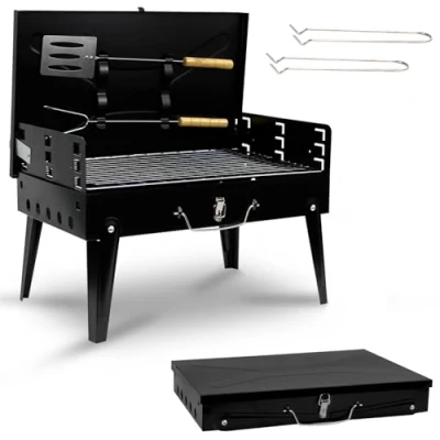 Image of Crystals Portable BBQ Charcoal Grill Folding Small Travel with Tool Set Mini Foldable Stainless Steel for Camping, Garden, Picnic, Outdoor Black
