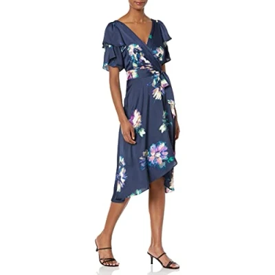 Image of DKNY Women&#039;s Double Ruffle Sleeve Asymmetrical Hem Faux Wrap Dress, Midnight Combo, 12