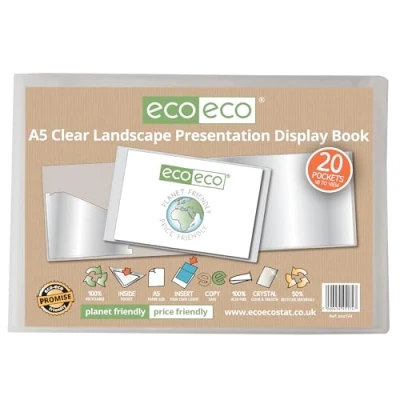 Image of eco A5 50% Recycled 20 Pocket Clear Landscape Presentation Display Book, Storage Case Portfolio Art Folder with Plastic Sleeves, eco174