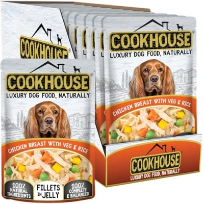 Image of COOKHOUSE 100% Natural &amp; Complete Luxury Wet Dog Food 15 x 100g Chicken Breast with Vegetables Rice Fillets in Jelly