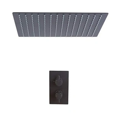 Image of Milano Nero Thermostatic Mixer Valve 400mm Square Ceiling Mounted Recessed Rainfall Head Black