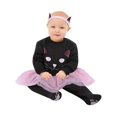 Image of Smiffys Cat Baby, Black All In One with Tutu &amp; Headband, Halloween Child Fancy Dress, Animal Dress Up Costumes